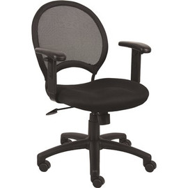 BOSS Office Products Black Mesh Back and Fabric Seat Adjustable Arms Pneumatic Lift Task Chair