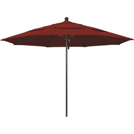 11 ft. Bronze Aluminum Commercial Market Patio Umbrella with Fiberglass Ribs and Pulley Lift in Jockey Red Sunbrella