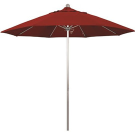 9 ft. Silver Aluminum Commercial Market Patio Umbrella with Fiberglass Ribs and Push Lift in Jockey Red Sunbrella