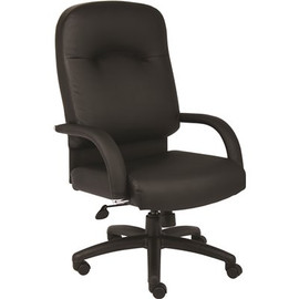 BOSS Office Products Black Vinyl Deluxe Comfort Cushions Padded Arms Pneumatic Lift Executive High Back Chair