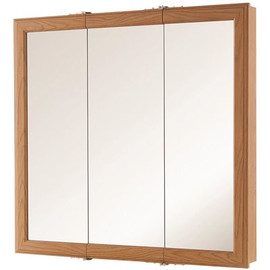 30-1/4 in. W x 29 in. H Fog Free Framed Surface-Mount Tri-View Bathroom Medicine Cabinet in Oak with Mirror