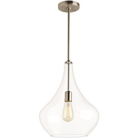 Mora 13 in. W x 17 in. H 1-Light Clear Glass Teardrop Modern Pendant with Brushed Nickel Accents and Vintage Edison Bulb