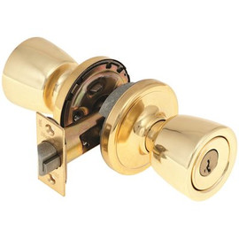 Kwikset Abbey Polished Brass Exterior Entry Door Knob featuring SmartKey Security