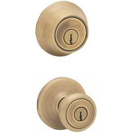 Kwikset Tylo Antique Brass Entry Door Knob and Single Cylinder Deadbolt Combo Pack with Microban Antimicrobial Technology