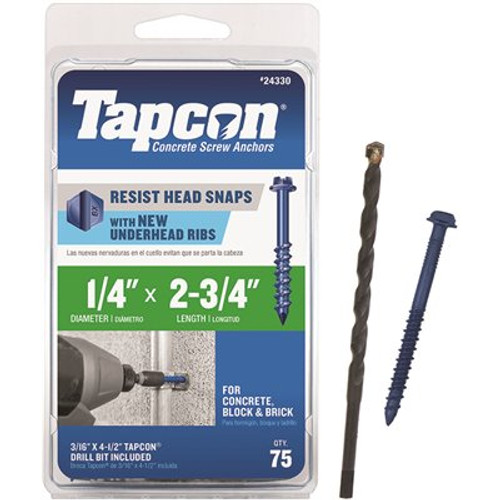 Tapcon 1/4 in. x 2-3/4 in. Hex-Washer-Head Concrete Anchors (75-Pack) Tapcon 1/4 in. x 2-3/4 in. Hex-Washer-Head Concrete Anchors (75-Pack)