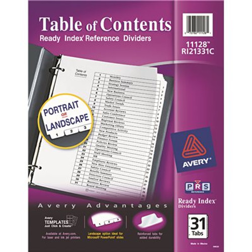 Avery Dennison AVERY READY INDEX CLASSIC TAB TITLES, 31-TAB, 1-31, LETTER, BLACK/WHITE, 31/SET