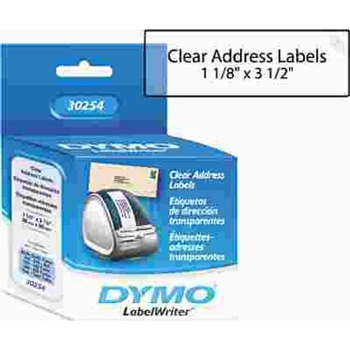 Dymo ADDRESS LABELS, 1-1/8 X 3-1/2, CLEAR, 130/BOX