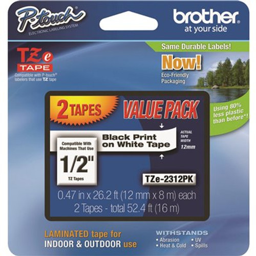 Brother 12 mm Black on White Tape for P-Touch 8 M (2-Pack)