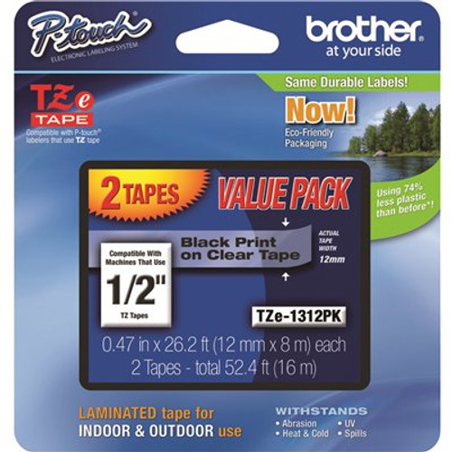 Brother 12 mm Black on Clear Tape for P-Touch 8 M (2-Pack)