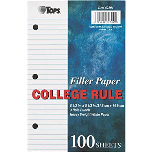 TOPS BUSINESS FORMS FILLER PAPER, 20-LBS., 8-1/2 X 5-1/2, COLLEGE RULE, BRIGHT WHITE, 100 SHEETS/PK