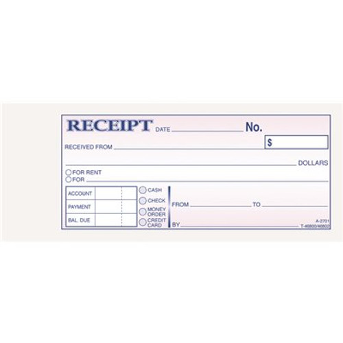 Cardinal Brands Inc. RECEIPT BOOK, 2-3/4 X 7-3/16, THREE-PART CARBONLESS, 50 FORMS