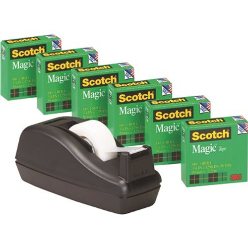 Scotch 3M C40 1 in. Core Desk Tape Dispenser and 6 Rolls Magic Tape, Black