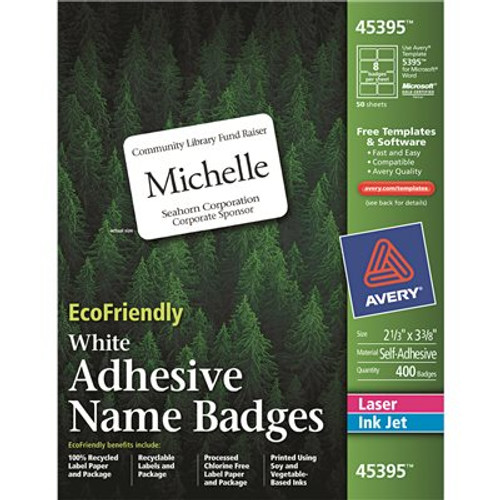 Avery Dennison AVERY ECOFRIENDLY NAME BADGE LABELS, 2-1/3 X 3-3/8, WHITE, 400/BOX