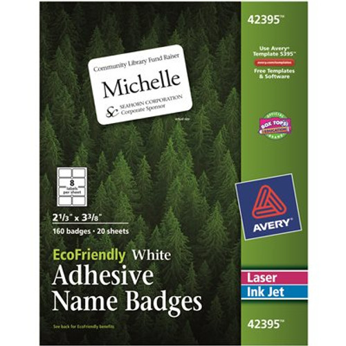 Avery Dennison AVERY ECOFRIENDLY NAME BADGE LABELS, 2-1/3 X 3-3/8, WHITE, 160/BOX