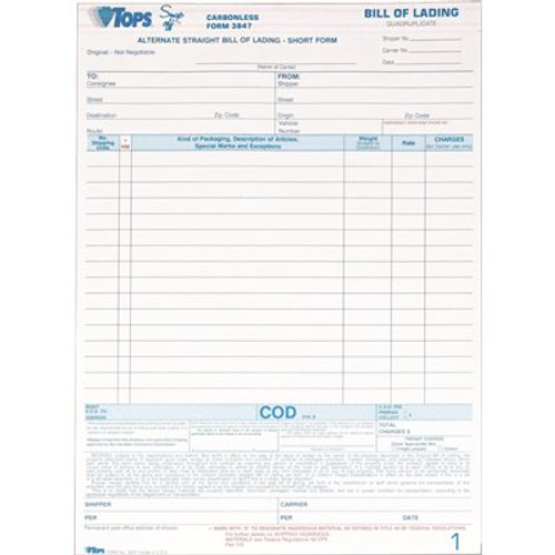 TOPS BUSINESS FORMS SNAP-OFF BILL OF LADING,16-LINE, 8-1/2 X 11, FOUR-PART CARBONLESS, 50 FORMS