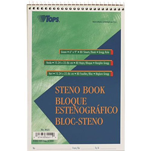 TOPS BUSINESS FORMS GREGG STENO BOOKS, 6 X 9, GREEN TINT, 80-SHEET PAD
