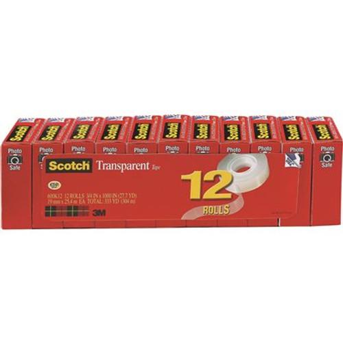 Scotch 3/4 in. x 1000 in., 1 in. Core, Transparent Glossy Tape, Clear, (12-Pack)