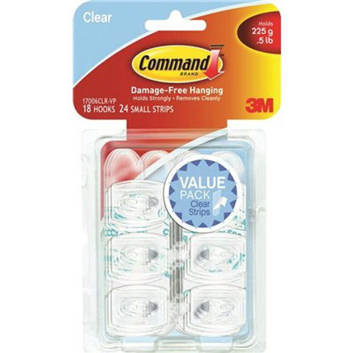 Command 1/2 lb. Mini Clear Hook Value Pack (18 Hooks, 24 Strips)