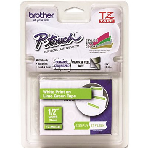 Brother Intl. Corp. TZ STANDARD ADHESIVE LAMINATED LABELING TAPE, 1/2 IN. X 16.4 FT., WHITE/LIME GREEN