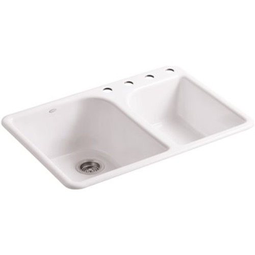 KOHLER Executive Chef Drop-In Cast Iron 33 in. 4-Hole Double Bowl Kitchen Sink in White