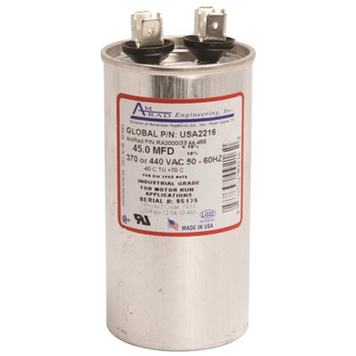 AMRAD ENGINEERING Round USA Made Motor Run Capacitor, 45 MFD, 370/440 VAC
