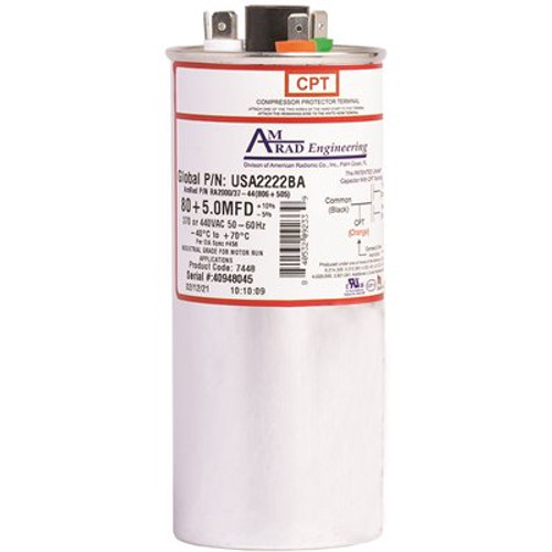 AMRAD ENGINEERING Round Motor Run Capacitor, 80/5 MFD, 370/440 VAC AMRAD ENGINEERING Round Motor Run Capacitor, 80/5 MFD, 370/440 VAC