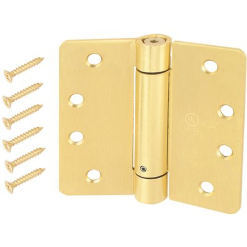 Everbilt 4 in. Satin Brass 1/4 in. Radius Adjustable Spring Door Hinge