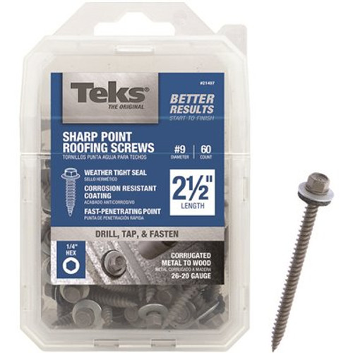 Teks #9 x 2-1/2 in. External Hex Washer Head Sharp Point Roofing Screws with Washer (60-per Pack) Teks #9 x 2-1/2 in. External Hex Washer Head Sharp Point Roofing Screws with Washer (60-per Pack)