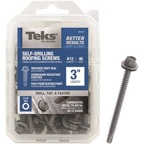 Teks #12 x 3 in. External Hex-Washer-Head Roofing Screw with Washer (40-Pieces per Pack) Teks #12 x 3 in. External Hex-Washer-Head Roofing Screw with Washer (40-Pieces per Pack)