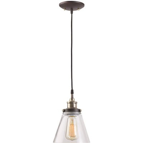 Globe Electric Jackson 1-Light Antique Brass & Bronze Pendant With Fabric Cord And Clear Glass Shade