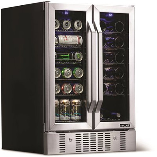 NewAir Dual Zone 24 in. Built-In 18-Bottle and 58 Can Wine and Beverage Cooler Fridge with French Doors - Stainless Steel