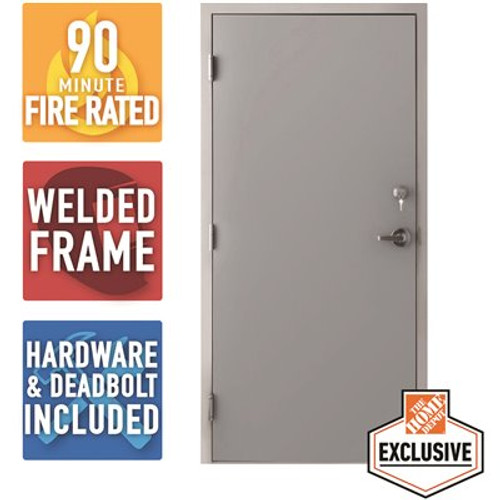 36 in. x 80 in. Fire-Rated Gray Right-Hand Flush Steel Prehung Commercial Door with Welded Frame, Deadlock and Hardware