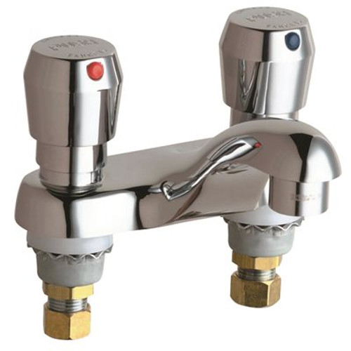 Chicago Faucets 4 in. Centerset 2-Handle Low-Arc Bathroom Faucet in Chrome with Metering Push Button Handles