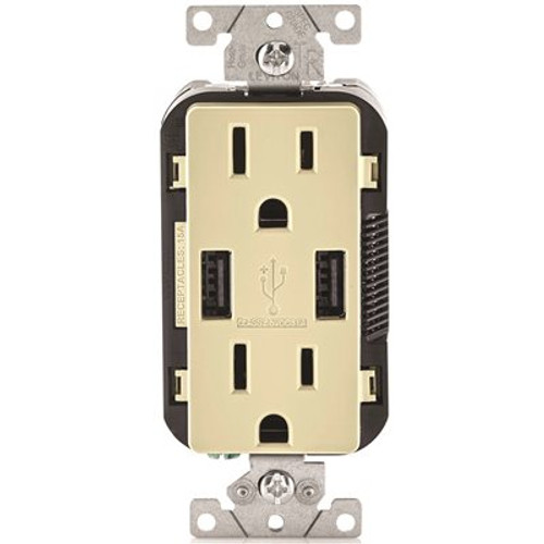 Leviton 3.6A USB Dual Type A In-Wall Charger with Duplex 15 Amp Tamper-Resistant Outlet, Ivory