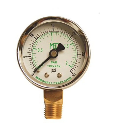 MEC Dial Dry Pressure Gauge 0-30 psi, Brass Bottom Mount 1/4 in. MNPT, 2 in. Steel Case