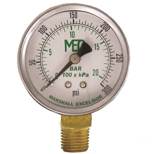 MEC Dial Dry Pressure Gauge 0-300 psi, Brass Bottom Mount 1/4 in. MNPT, 2 in. Steel Case