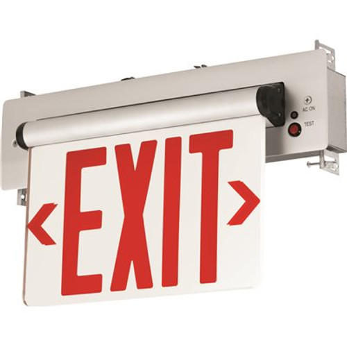 Compass 3.72-Watt Equivalent Integrated LED Brushed Aluminum, Red Letters Double-Face Surface Edgelit Exit Sign with Battery