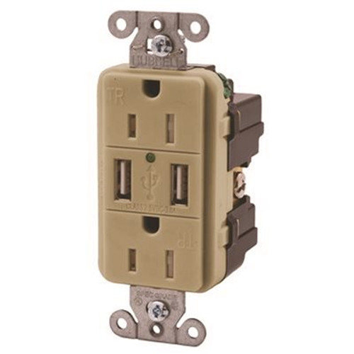 HUBBELL WIRING 15 Amp Hubbell Tamper Resistant USB Charger Duplex Receptacle, Ivory