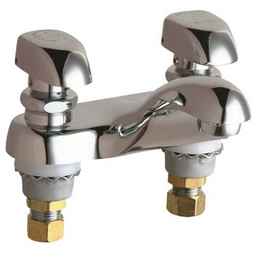 Chicago Faucets Deck Mounted, 4 In. Centerset, 2-Handle Hot and Cold Water Metering Bathroom Faucet with Chrome Plate Finish