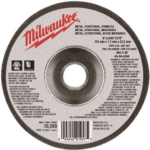 Milwaukee 6 in. x 0.045 in. x 7/8 in. Cut-Off Wheel (Type 27) Milwaukee 6 in. x 0.045 in. x 7/8 in. Cut-Off Wheel (Type 27)