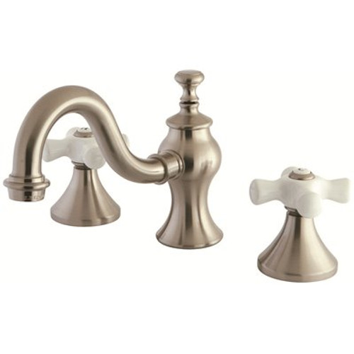 Kingston Brass Porcelain Cross 8 in. Widespread 2-Handle High-Arc Bathroom Faucet in Brushed Nickel
