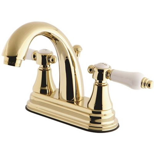 Kingston Brass English Porcelain 4 in. Centerset 2-Handle High-Arc Bathroom Faucet in Polished Brass