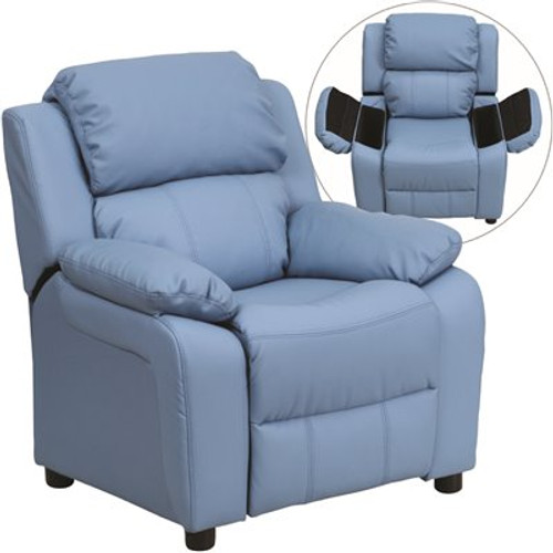 Flash Furniture Deluxe Padded Contemporary Light Blue Vinyl Kids Recliner with Storage Arms