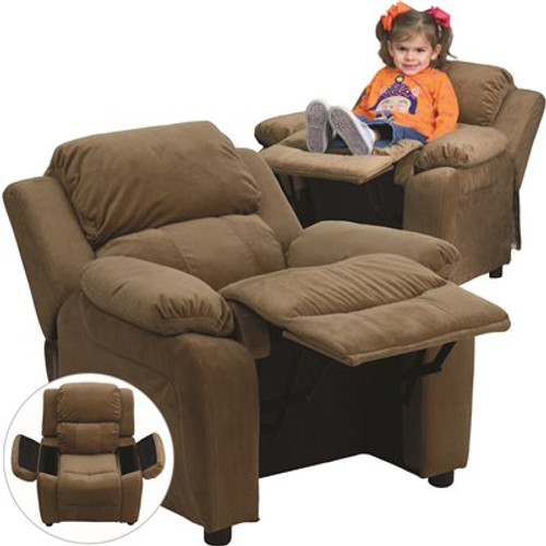 Flash Furniture Deluxe Padded Contemporary Brown Microfiber Kids Recliner with Storage Arms