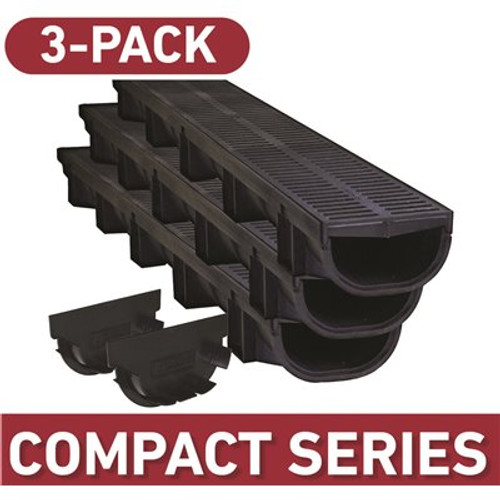 Compact Series 5.4 in. W x 3.2 in. D x 39.4 in. L Trench and Channel Drain Kit with Black Grate (3-Pack | 9.8 ft)