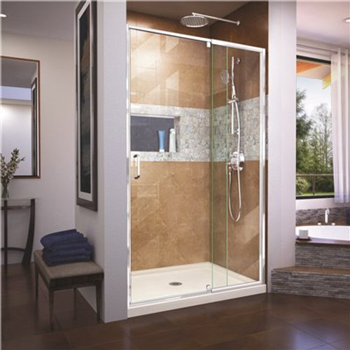 Flex 32 in. D x 42 in. W x 74.75 in. H Framed Pivot Shower Door in Chrome with Center Drain Biscuit Acrylic Base Kit