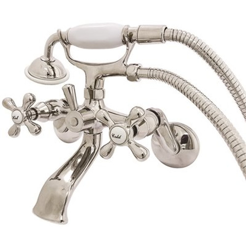 Kingston Brass 3-Handle Claw Foot Tub Faucet Wall-Mount Adjustable Centers with Hand Shower in Polished Nickel