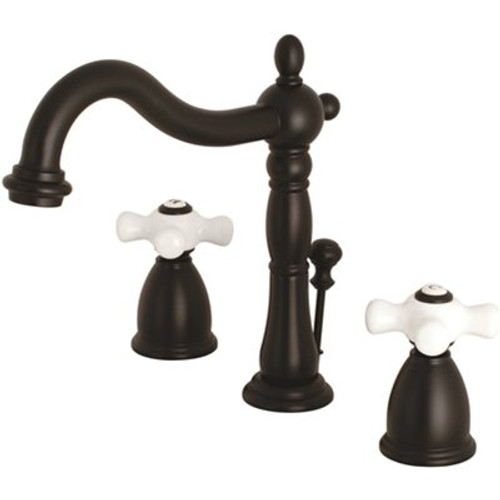 Kingston Brass Victorian Cross 8 in. Widespread 2-Handle Bathroom Faucet in Matte Black with Porcelain Handle