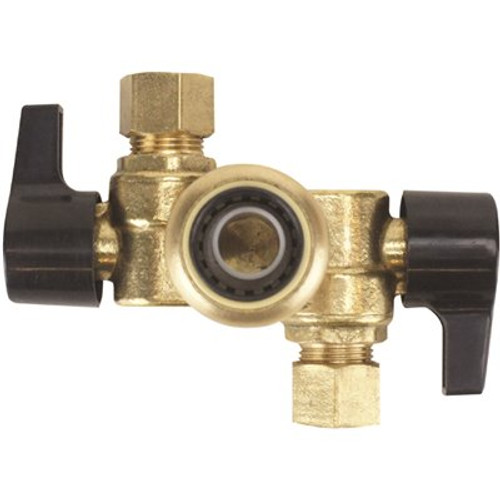 Tectite 1/2 in. Brass Push-To-Connect x 3/8 in. Compression Dual Opposed Outlet Dual Shut-Off Quarter-Turn Stop Valve