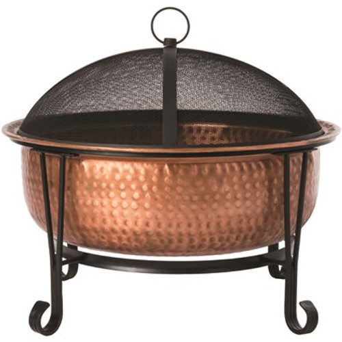 Fire Sense Palermo 26 in. x 21 in. Round Hammered Wood Burning Fire Pit in Copper with Fire Tool